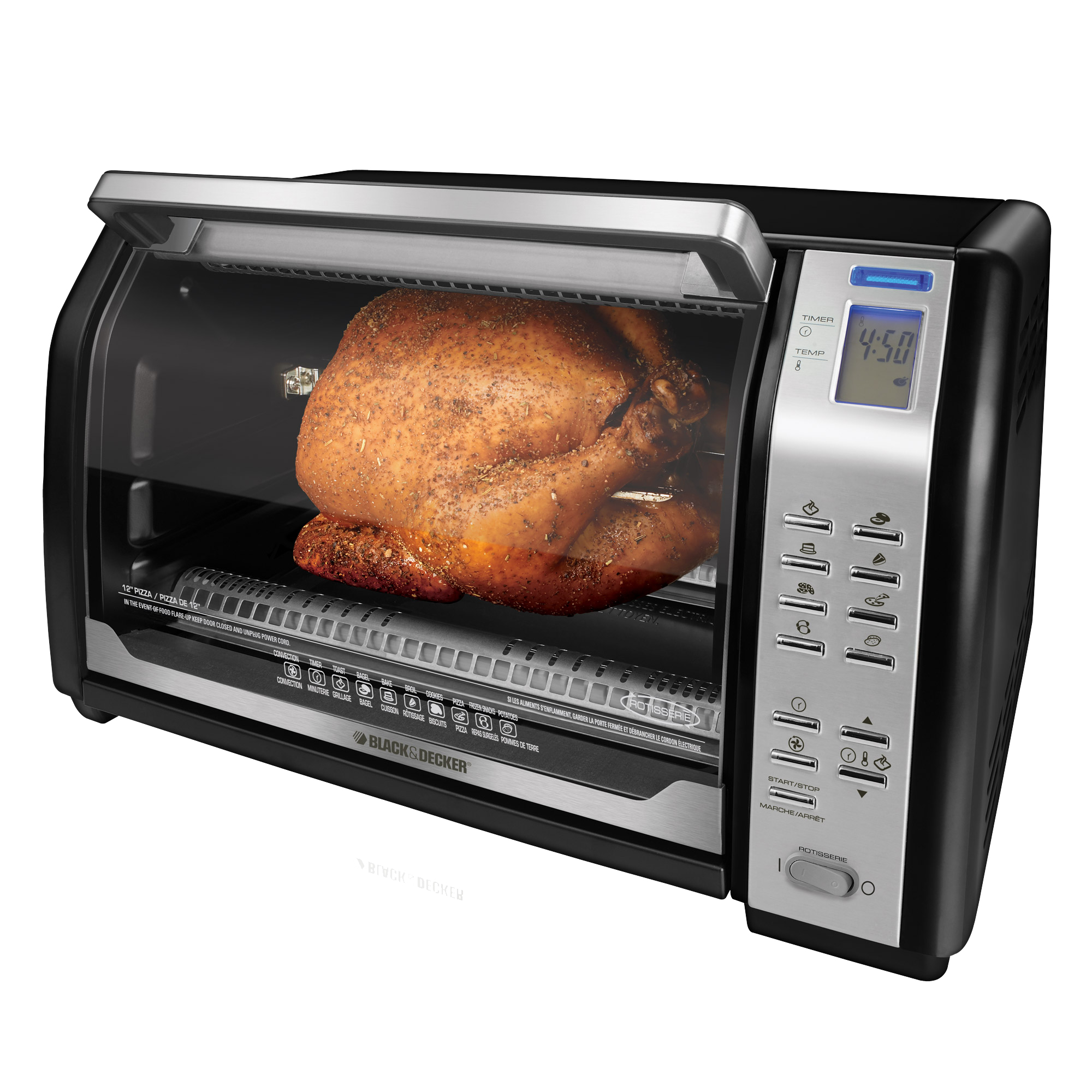 Toaster oven and outlet rotisserie